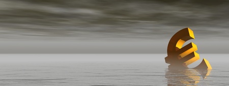 Golden euro drowning in the grey sea by stormy weatherの写真素材