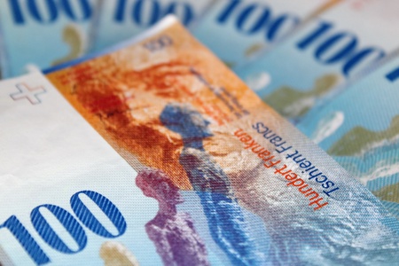 One hundred swiss francs bills as background