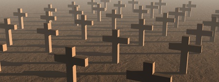 Many crosses in a cemetery by sunset lightの写真素材