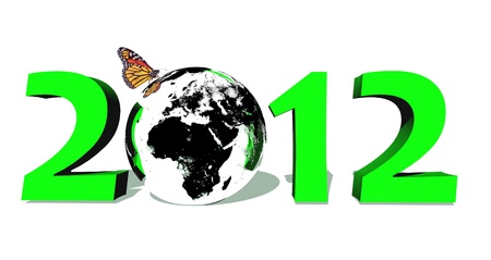 Green 2012 with earth and butterfly in white backgroundの写真素材