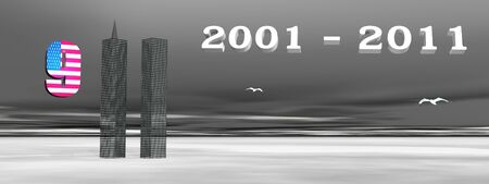 USA flag and World Trade Center twin tower buildings for 9 - 11, 3D illustration for remembrance