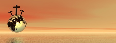 Three crosses for Golgotha on earth planet by sunsetの写真素材