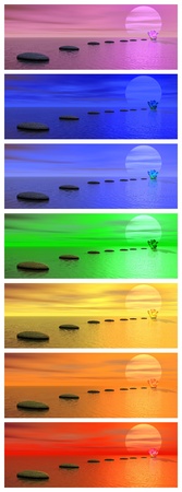 Set with ckakra colors of grey stones steps upon the ocean going to a lily flower and the sun by sunsetの写真素材