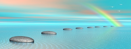 Grey stones steps upon the ocean going to a rainbow and birds flying next to itの写真素材