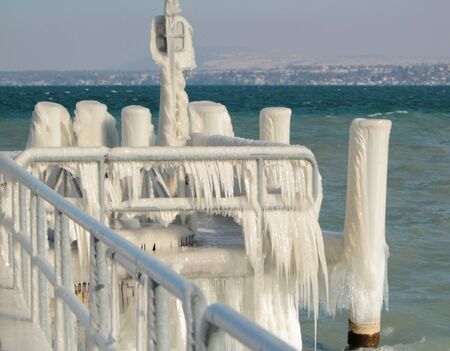 Icicles on the pontoon in Versoix, by very cold winter, Switzerlandの写真素材