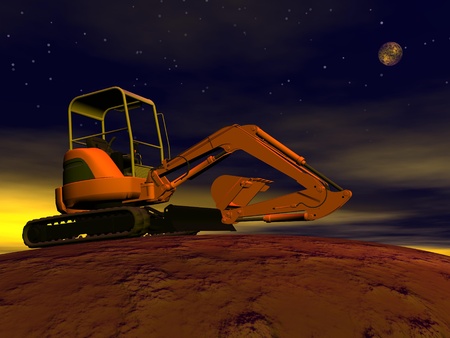 Orange excavator upon ground by night with full moonの写真素材