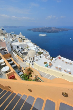 View on the volcano and Aegean sea from Fira city, Santorini island, Greeceの写真素材