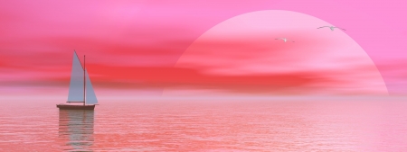 Small sailboat on the ocean next to seagulls flying by pink sunsetの写真素材
