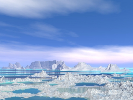 Landscape of poles nature with white small icebergs melting in water by beautiful weatherの写真素材