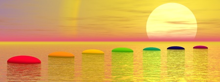 Seven steps with chakra colors over ocean leading to the sun by sunsetの写真素材