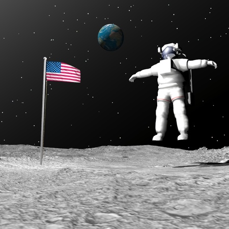 First astronaut on the moon floating next to american flag with earth in the backgroundの写真素材