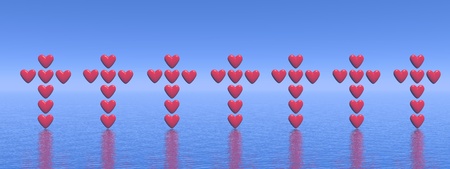 Many crosses made of heart in a row upon ocean in blue backgroundの写真素材