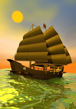 Beautiful oriental junk floating on the ocean by orange and green sunsetの写真素材