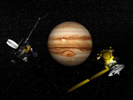 Galileo and Cassini spacecrafts next to Jupiter in the universe  