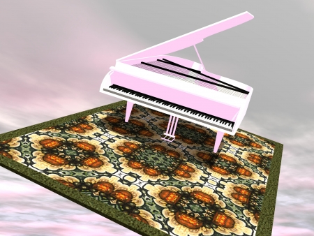 White gran piano flying on a colorful carpet in y cloudy skyの写真素材