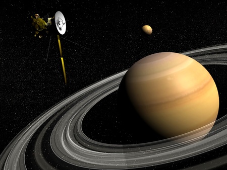 Cassini spacecraft near Saturn and titan satellite in the universe  