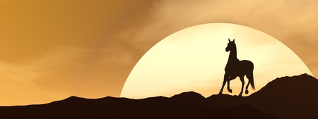 Shadow of a horse galloping on the mountain by sunsetの写真素材