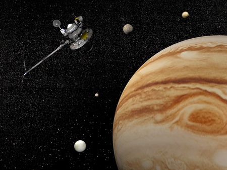 Voyager spacecraft near Jupiter and four of its famous satellites - Io, Europa, Ganymede and...