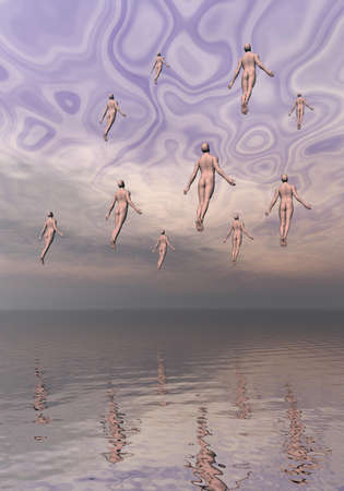 Men acsending to the cloudy sky upon the oceaの写真素材