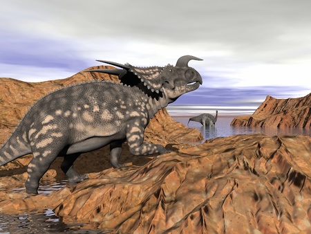 Einiosaurus dinosaur on a rock looking at an argentinosaurus dinosaur having a bath by cloudy dayの写真素材