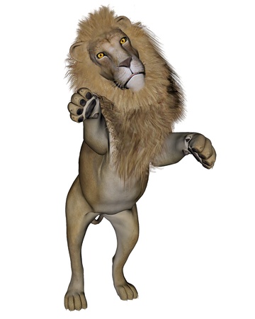 Beautiful lion with big mane jumping in white backgroundの写真素材