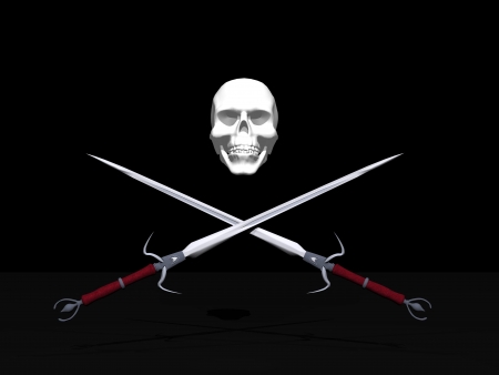 Jolly Roger pirate flag with skull and two crossing swords in black backgroundの写真素材
