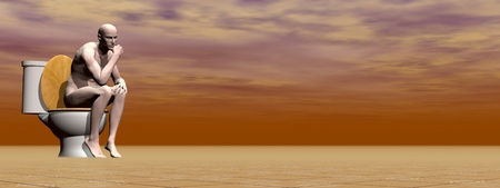 Naked man sitting on the toilet in brown backgroundの写真素材