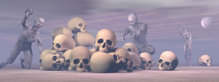 Several bloody zombies walking around lots of skulls by hazy full moon night