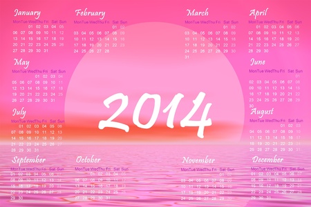 English 2014 monthly calendar and pink sunset over the oceanの写真素材
