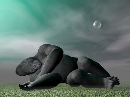 Gorilla lying dead on the ground by green full moon nightの写真素材