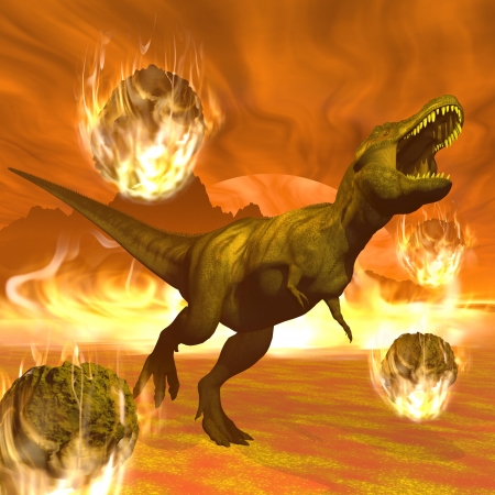 Tyrannosaurus dinosaurs escaping or dying because of heat and fire due to big meteorites crashの写真素材