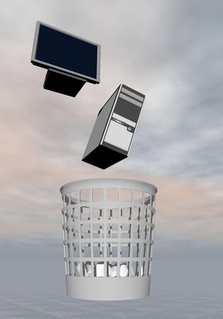 Throwing screen and tower computer to the rubbish in grey backgroundの写真素材
