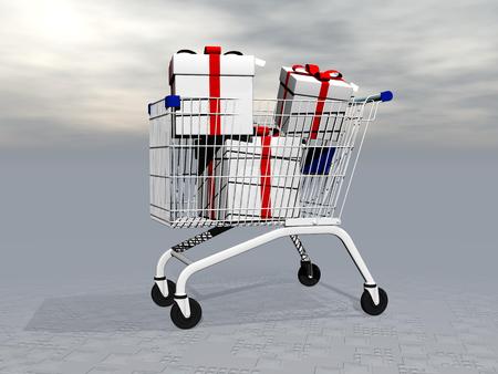 Shopping trolley full of gifts to offer in grey cloudy backgroundの写真素材