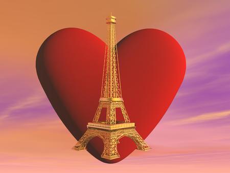 French golden Eiffel tower in front of red heart shape into pink cloudy sky, Paris, Franceの写真素材