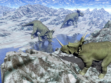 Three styracosaurus dinosaurs in icy desert landscape with water by blue dayの写真素材