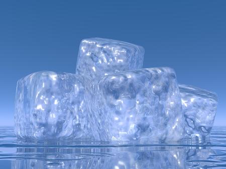 Close up on many ice cubes into water in blue の写真素材