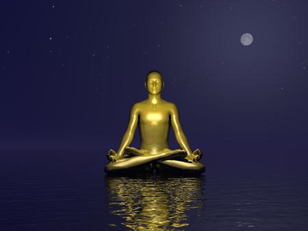 Golden man meditating on quiet water by dark night with full moonの写真素材
