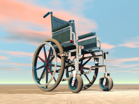 Wheelchair standing in nature with colorful skyの写真素材