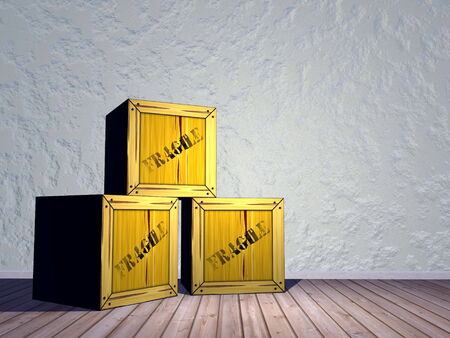 Three fragile crates in a room next to the wallの写真素材