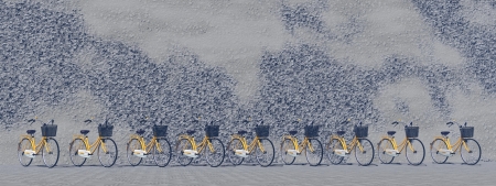 Lots of beautiful yellow city bikes in the street against a wallの写真素材