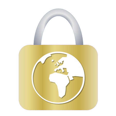 Golden padlock for earth isolated on white の写真素材