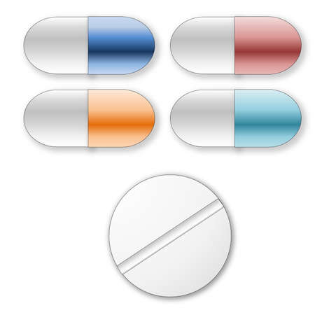 Standard tablets and pills set in white backgroundの写真素材