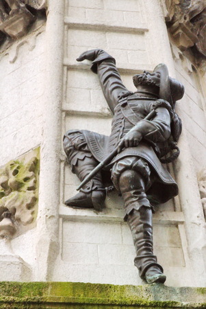 Close up on fountain of the Escalade  1857  representing a savoyard soldier scaling one wall, Geneva, Switzerlandの写真素材