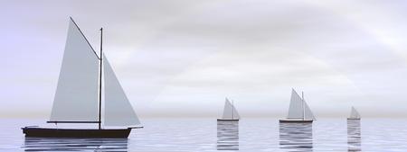 Several sailing boats floating on the water in front of hard white sun