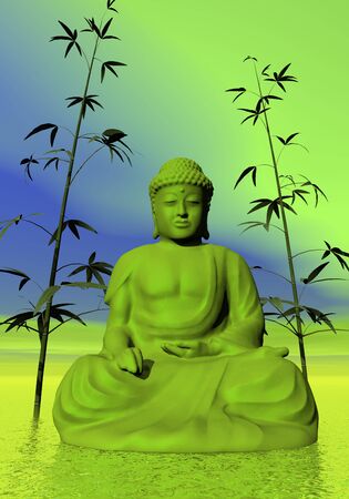 One buddha next to bamboos in green backgroundの写真素材