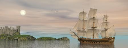 Beautiful detailed old merchant ship going back to castle and seagull flying around by cloudy sunset with full moonの写真素材