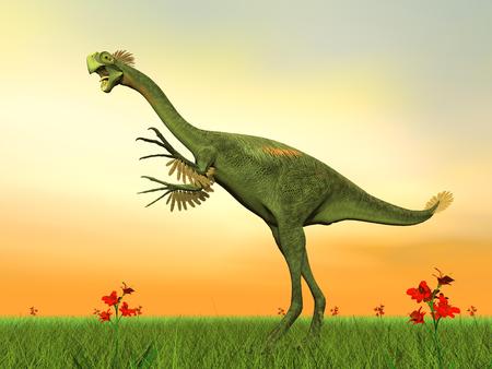 One gigantoraptor dinosaur on the green grass by sunsetの写真素材