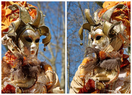 Golden sun couple at the 2014 Annecy venetian carnival, Franceの写真素材