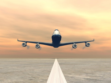 Frontview of a airplane landing on the ground by sunsetの写真素材