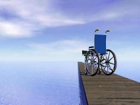 One wheelchair standing on a pontoon in front of the ocean by dayの写真素材